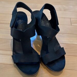 Pedro Garcia Black Textured Leather Strappy Wedge Sandals